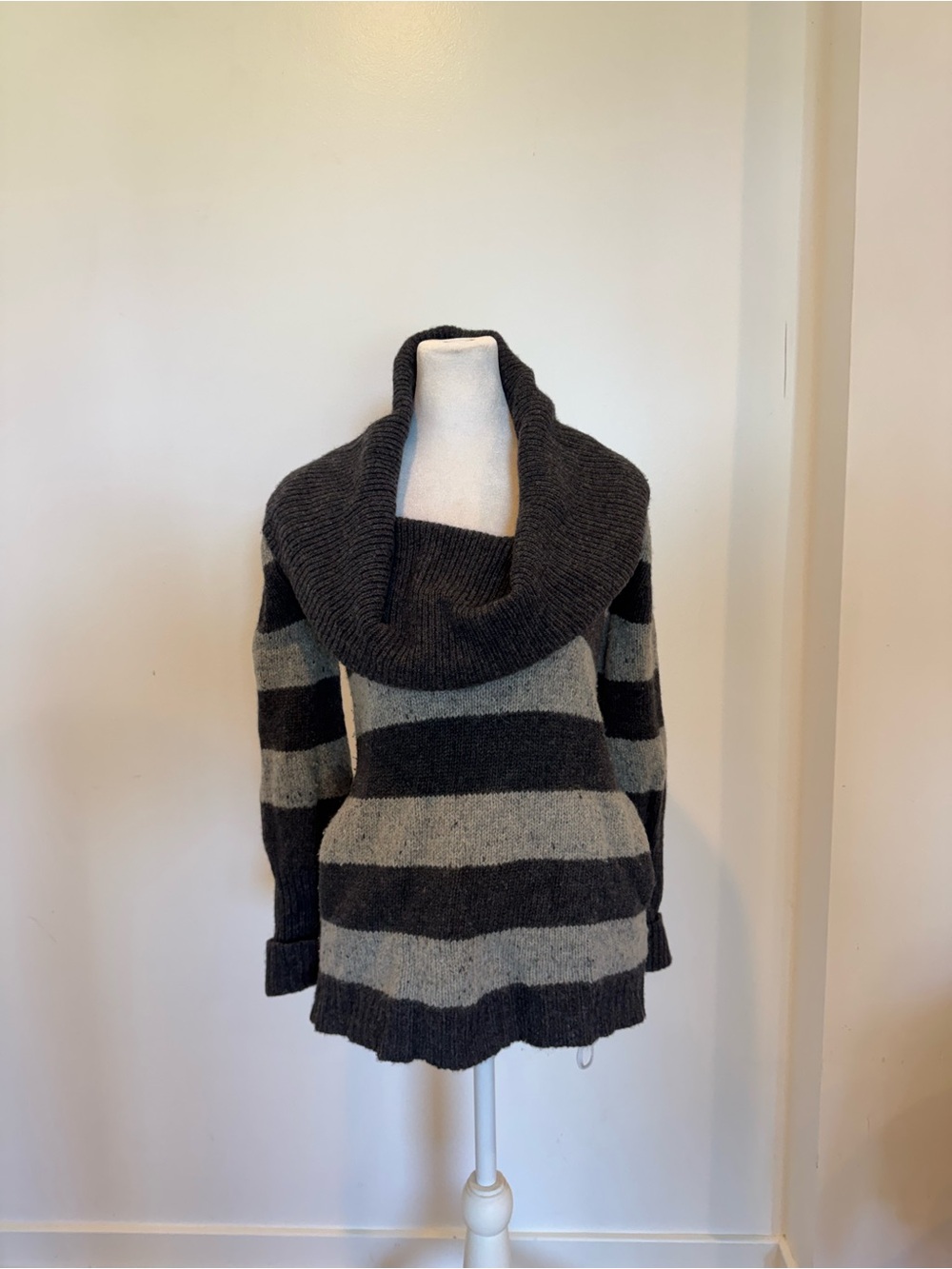 Theory Striped Cowl Neck Sweater - Charcoal & Light Gray